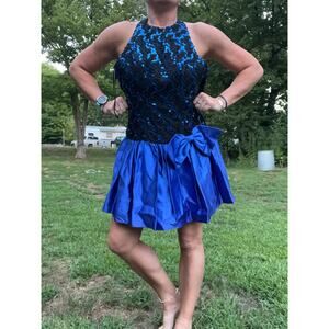 Vintage 80s Scarlett Nite Sequin Halter Metallic Fit Flare Mini Prom Dress